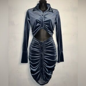 NWT Womens LACAUSA Blue Velour Waist Cut-Out Long Sleeve Bodycon Mini Dress S
